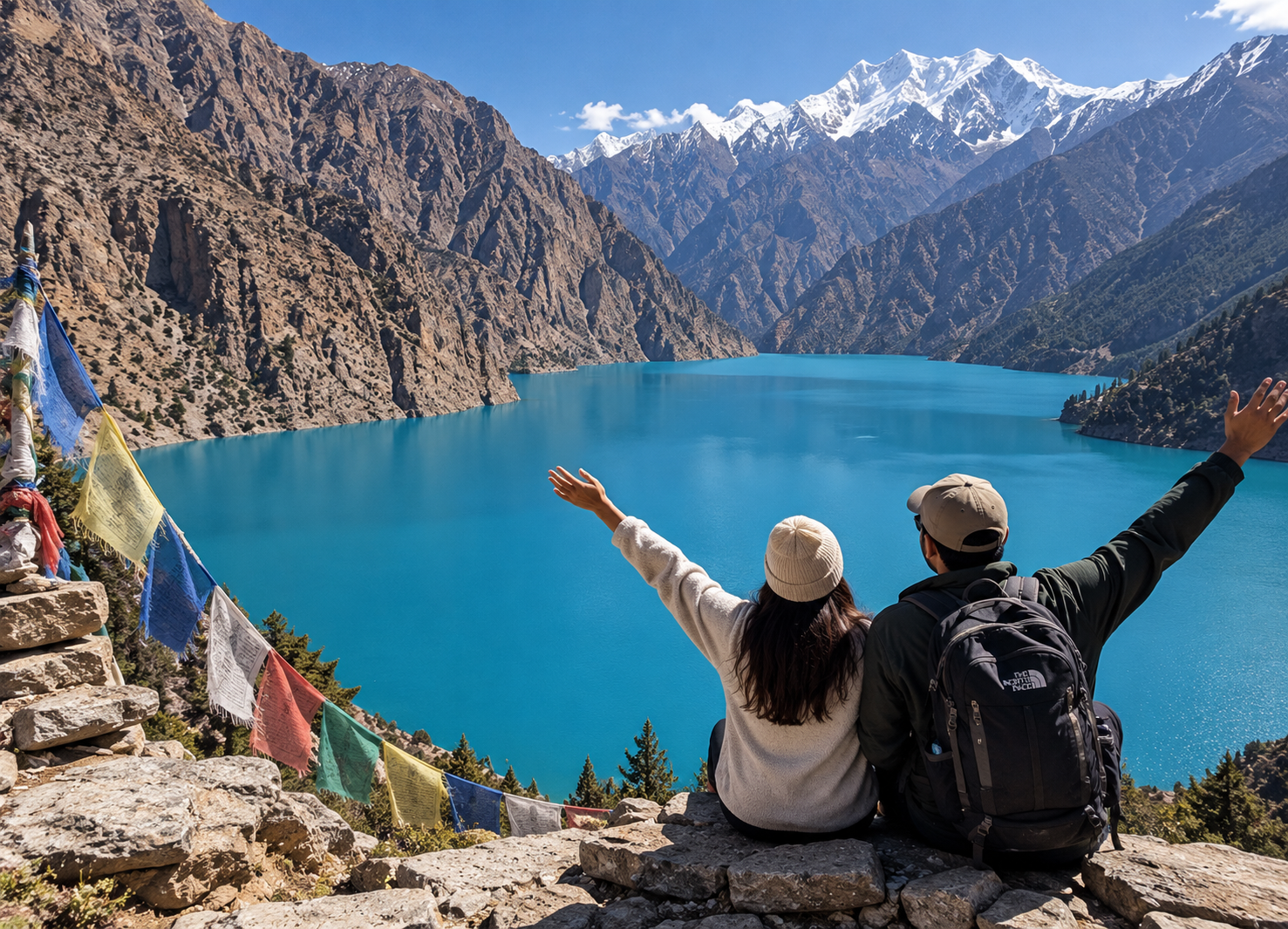 Travelers enjoying a Himalayan lake and mountain view
